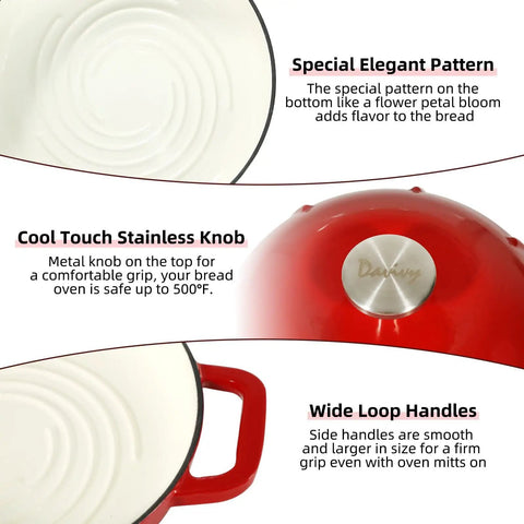 Detail view of 5 Quart Cast Iron Dutch Oven For Sourdough Baking With Domed Enamel Lid in Cherry Red showing interior pattern, knob, and handles.