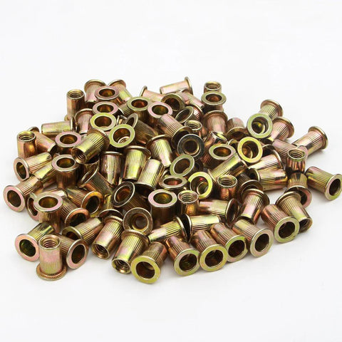 Pile of 100 gold-toned knurled flat-head rivet nuts, 1/4-20 UNC, carbon steel
