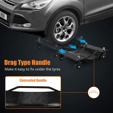 Heavy Duty Car Wheel Dolly Set Of 4 under a vehicle tire with drag type handle and locking wheels for easy movement.
