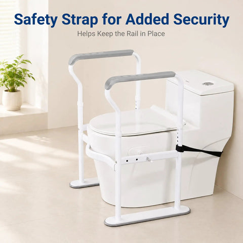 Bombproof Toilet Safety Rails With 500 Lb Capacity For Seniors And Elders, Adjustable Grab Bars with safety strap for added stability.