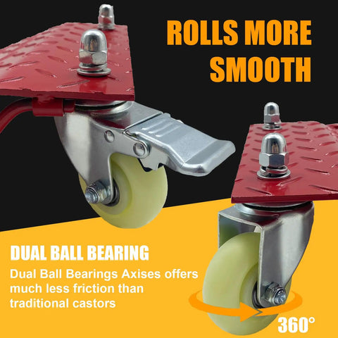 Close-up of wheel dolly caster featuring dual ball bearing for smooth rolling in Rock Solid Four Piece Wheel Dolly Set.