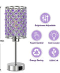 Touch Control Crystal Table Lamp Set Of 2 Black Nightstand Lamps With USB C And USB A Charging Ports, features and dimensions shown