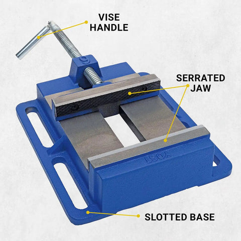 LDPV-6 6 Inch Drill Press Vise With Cast Iron Body And Texture Jaws, showing vise handle and slotted base in blue finish.