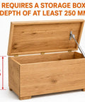 Top Tier Toy Box Hinges 2 Pack With 150N Soft Close Gas Struts For Heavy Lids showing storage box depth over 250 mm, wooden finish.