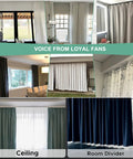 Images showcasing Smooth As Butter Heavy Duty Ceiling Curtain Rail And Double Track Sliding Rod System with various curtain styles.
