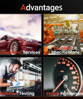 Graphic showing advantages like professional services, exceed OE specifications, rigorous testing, and stable performance with images.