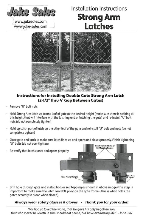 Installation guide for Chain Link Double Gate Latch For One And Five Eighths To Two Inch Gate Frames Strong Arm Beefy Gate Latch.