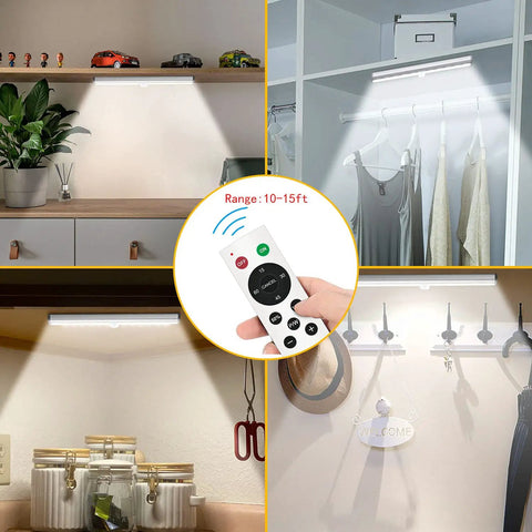 Six Pack Wireless Under Cabinet Lights With Remote Control No Fuss Dimmable 20 LED Rechargeable Stick-On Night Light Strips in 3 uses