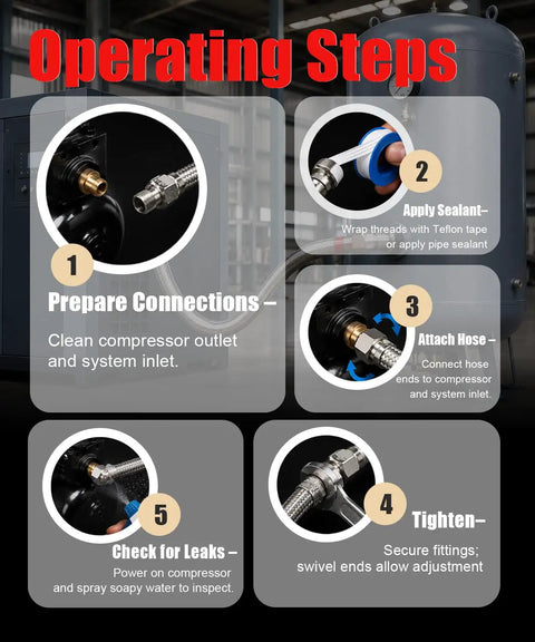 Operating steps for Heavy Duty Workhorse Industrial Compressor Jumper Hose with images of connections and attachments.