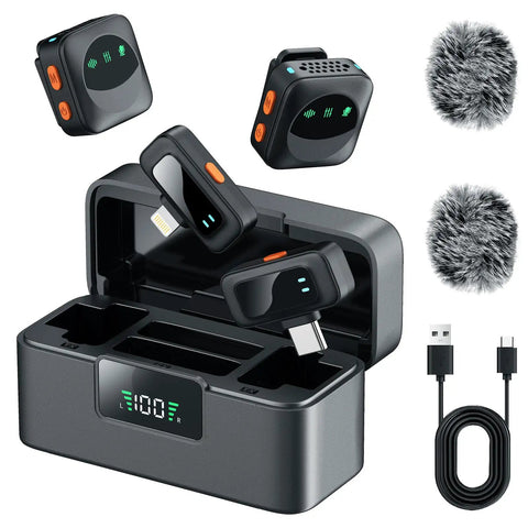 Wireless Lavalier Microphone System With AI Noise Cancelling, Two Transmitters And Two Receivers, charging case, accessories