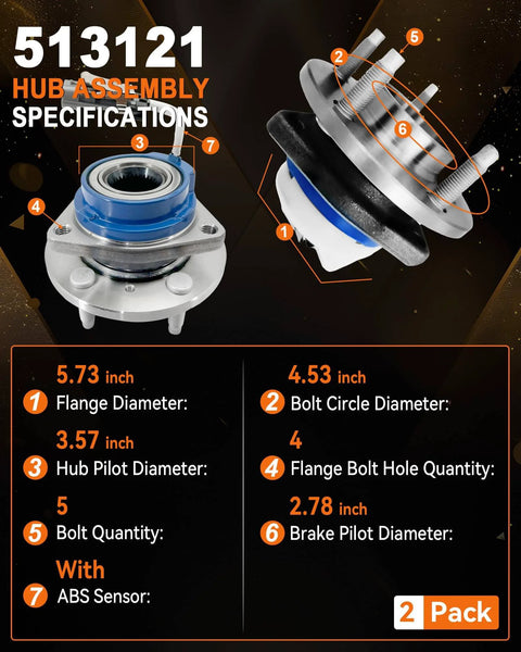 2-Pack Front Wheel Hub Bearing Assembly 513121 specifications, including dimensions and ABS sensor details.