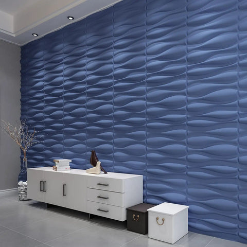 Navy Blue PVC 3D Wall Panel With Large Wave Design 32 Sqft Coverage Waterproof FireResistant Lightweight DIY Decor in living room