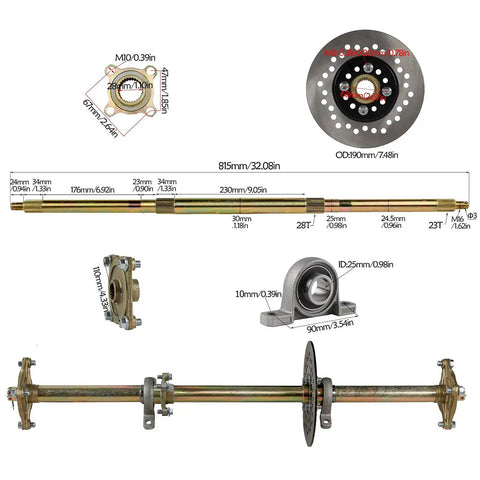 Heavy Duty 32-Inch Live Axle Kit With 420 Sprocket And Brake Disc For 810mm Rear Axle Includes 4-Stud Hubs and Pillow Blocks.