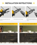 Installation instructions for Heavy Hitter Gold Cabinet Pulls, showing plier use and drawer placement effects.
