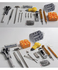 Eight Piece Watch Repair Tool Kit Featuring Link Pin Remover And Shell Opener For Go Getter Hobbyists Craving Zero Sweat Band Adjustments And Game Changing Movement Fixes, assorted tools laid out on a white surface.