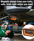 Mechanic uses Orange Silicone Collapsible Magnetic Parts Tray Set In Three Sizes under car, holding screws and bolts securely.