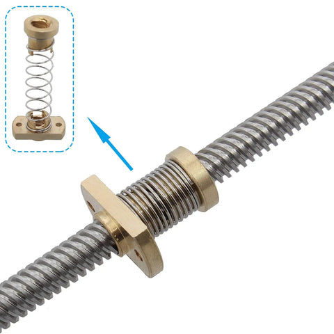 T8 Z Axis Upgrade Kit Featuring Anti Backlash Spring Loaded Brass Nuts mounted on a threaded rod for stability in 3D printing.