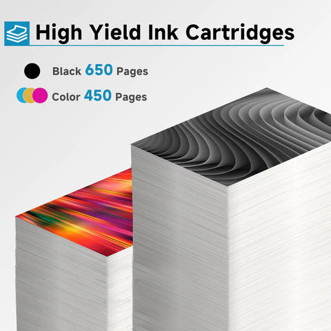 Image of black and color ink pages representing print yield for 67XL Black And Color Ink Cartridges Combo Pack Replacement For HP DeskJet Printers Includes 67XL Black And Color Cartridges Compatible With 2700 2752 2755 2855 6000 6400 6458 6455e Series 2 Pack For Easy Home Office Printing.