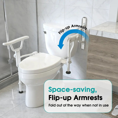 Rock Solid Foldable Toilet Safety Rail For Seniors Crafted From Heavy Duty Aluminum Reinforced With Tough As Nails Carbon Frame Holding Five Hundred Pounds Smooth Bathroom Assist with flip-up armrests beside a white toilet.