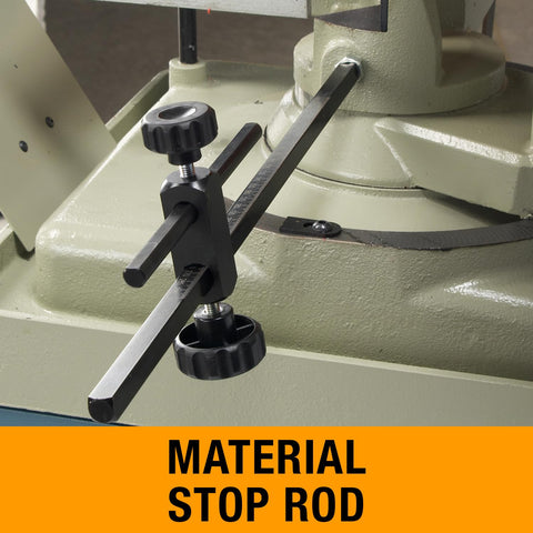14 Inch Variable Speed Cold Saw With A Badass 3HP Direct Drive Motor close-up of material stop rod for precise cutting.