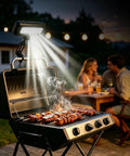 Rechargeable Grill Light For Outdoor Grills 400LM LED illuminating BBQ at night with people dining in the background.