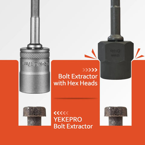 Two different bolt extractors from the Slim Bolt Extractor Set 21 Piece With Three Eighth Inch And One Quarter Inch Drive Impact Stripped Bolt Extractor And Nut Remover Tool Easy Twist Socket For Removing Rusted Bolts T38320 on red background.