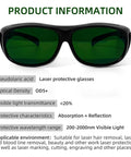 Heavy Duty Laser Safety Glasses With Wrap Around Coverage Delivers Rock Solid OD5 Plus Protection Against Stray Rays Built Tough Polycarbonate Frames for laser protection with green lenses.