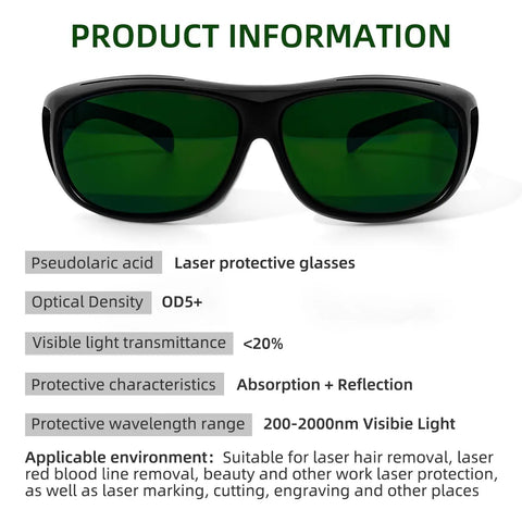 Heavy Duty Laser Safety Glasses With Wrap Around Coverage Delivers Rock Solid OD5 Plus Protection Against Stray Rays Built Tough Polycarbonate Frames for laser protection with green lenses.