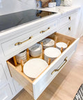 Kitchen drawer with 12 Pack 3 Inch Large Oval Antique Brass Cabinet Drawer Pulls For Dresser Cupboard Wardrobe With Single Hole Mount Retro Bar Handle Vintage Bronze Hardware For Kitchen And Furniture, showing organized plates.