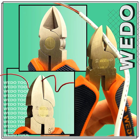 Close-up of pliers from 16-Piece Non-Sparking Tool Set With Screwdrivers, Adjustable Wrench, Pliers, Hex Keys, Water Pump Pliers, BeCu Construction, Non-Magnetic, Corrosion Resistant, DIN Standard, BAM Certified For Pro Grade Jobs, cutting wire.