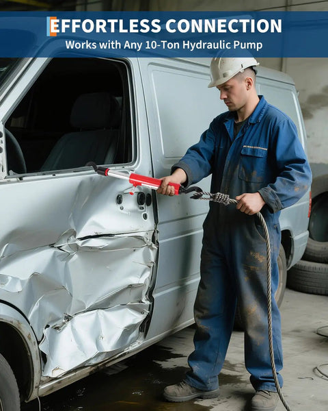 Badass 10 Ton Hydraulic Pull Back Ram For Vehicle Frame Straightening And Collision Body Shop Work With 8100 PSI Carbon Steel Cylinder and pusher bar in use on damaged van door.