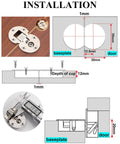 Installation guide for Four Pack Heavy Duty Concealed Hinges Sleek Flush Mount Setup showing baseplate and door measurements.