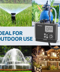 Hassle Free Digital Outdoor Timer Rock Solid Weatherproof Build Features Slick Dial Programming Plus Dual Grounded Outlets Made For Pool Pumps Yard Lights And Home Gear displayed with sprinkler, fountain, and decorated house.