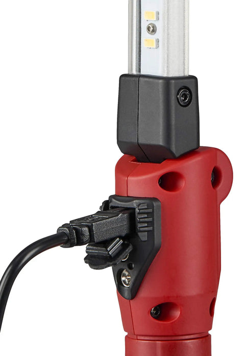 Close-up of the red handle and charger port on the Strion Switchblade 500 Lumen Rechargeable Compact Multi Function LED Work Light With Color Rite Technology