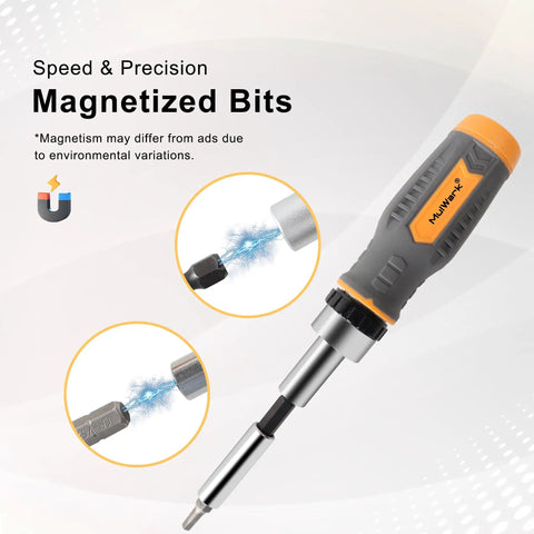 Ratcheting screwdriver with magnetized bits for precision in the Seventy Seven Piece Ratcheting Screwdriver Bit And Socket Kit With Heavy Duty Carry Case.