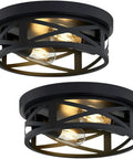 Two Pack Black Flush Mount Ceiling Light Fixture Dope Industrial Farmhouse Metal Cage Ceiling Fixture For Kitchen Entryway Hallway With E26 Base Ten Point Six Three Inch, showcasing open metal cage design with bulbs