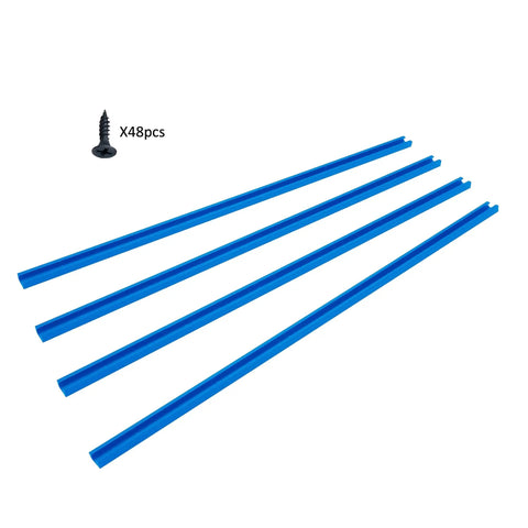 Solid As A Rock Blue Anodized Aluminum T Track Bundle With Wood Screws 48 Inches By Three Quarters Wide, four blue rails and matching screws.
