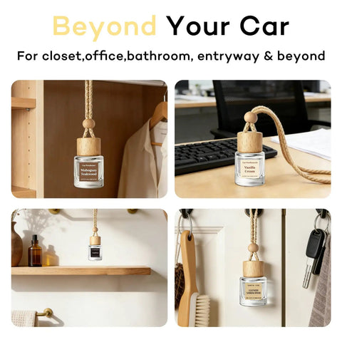 Premium Mahogany Teakwood Car Air Freshener 2 Pack With Hanging Essential Oil Diffuser Inside Sleek Glass Bottle in various settings.