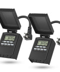 Bulldog Grade Outdoor 7 Day Programmable Timer Outlet Dual Pack showing digital display and weather protection cover.