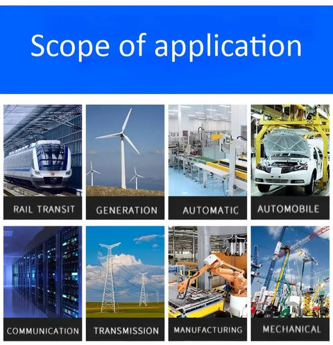 Scope of application showing rail transit, generation, automatic systems, and automobile industries with power sensor wires.