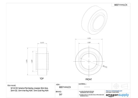 Straight Shooting GE20C Spherical Plain Bearing Unsealed 20mm Bore 35mm OD dimensional drawing for alignment adjustments.