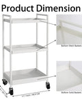 3-Tier Metal Utility Rolling Cart With Lockable Casters For Kitchen Office And Bathroom Storage White dimensions and mesh detail
