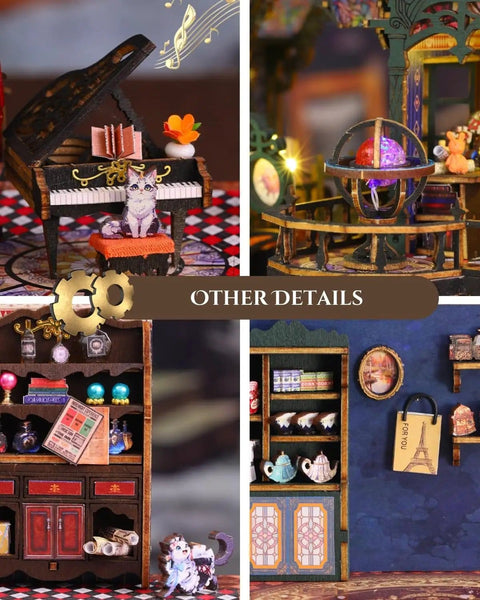 Details of the Dope Steampunk Train Station DIY Miniature House Kit With Victorian Fantasy Railtrack City Dollhouse Wood 3D Puzzle.