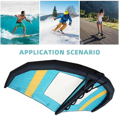 Inflatable Windsurfer Wing With Clear View Window For Wing Foil And Kite Surfing And Water Play shown with application scenarios
