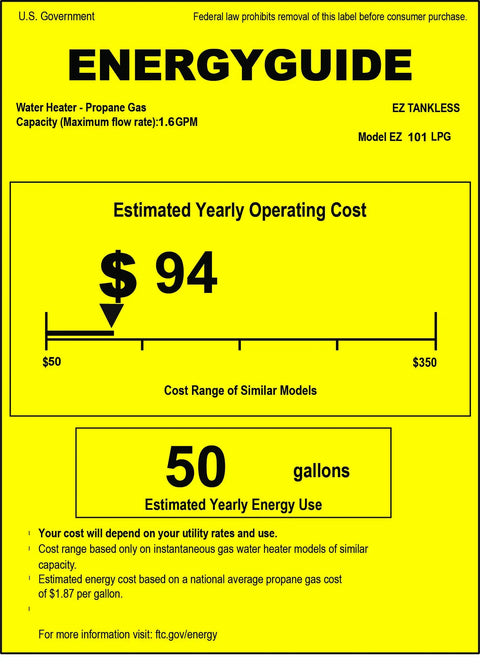 Outdoor Tankless Water Heater Propane LPG 2 GPM Portable Point Of Use With Battery Ignition For Camping RV Hunting Shower Head Included 42,000 BTU Small And Lightweight On The Go Energy Guide label showing $94 annual cost, 50 gallons use.