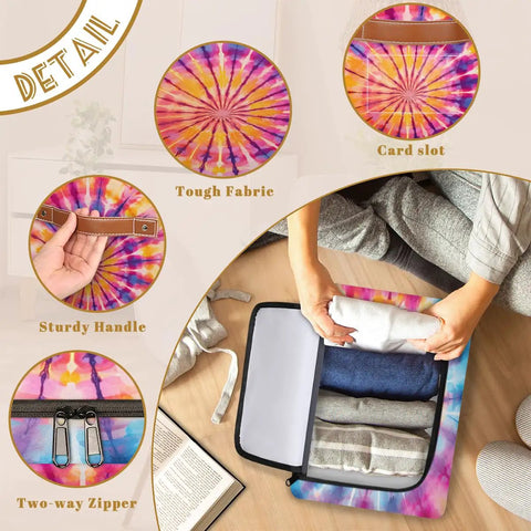 Boho Tie Dye Storage Bins With Lids Foldable Closet Organizers showing tough fabric, sturdy handle, and two-way zipper.