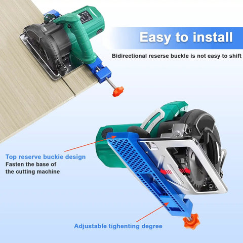 Beast Mode Adjustable Base Guide For Electric Circular Saws And Track Rail Saws, in use, showcasing precise wood cutting, blue.