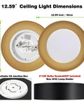 Dimensions of Modern Black And Gold Flush Mount Ceiling Light With Glass Drum Shade showing 12.59 inch size and parts