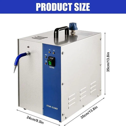 Professional Jewelry Steam Cleanser With Rustproof Steel Tank 2200 Watt Machine, front view with controls and dimensions.