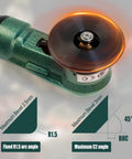Mini Pneumatic Chamfering Tool, Handheld Air Deburring Machine showing R1.5 arc angle with green body design and spinning blade.